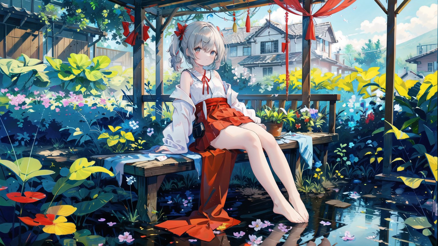 1 girl,HDR,high contrast,red classical robe,flying long hair,short skirt,hair tied with red ribbon,wind chimes,full body,soft clothing texture,eyes looking at the audience,flowers,butterflies,barefoot,red ribbon fluttering in the wind