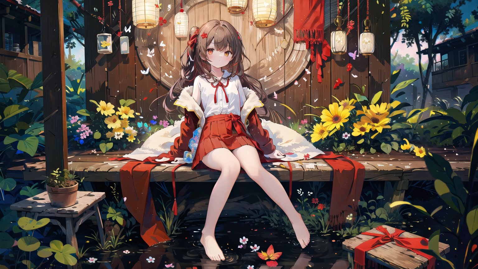 1 girl,HDR,high contrast,red classical robe,flying long hair,short skirt,hair tied with red ribbon,wind chimes,full body,soft clothing texture,eyes looking at the audience,flowers,butterflies,barefoot,red ribbon fluttering in the wind