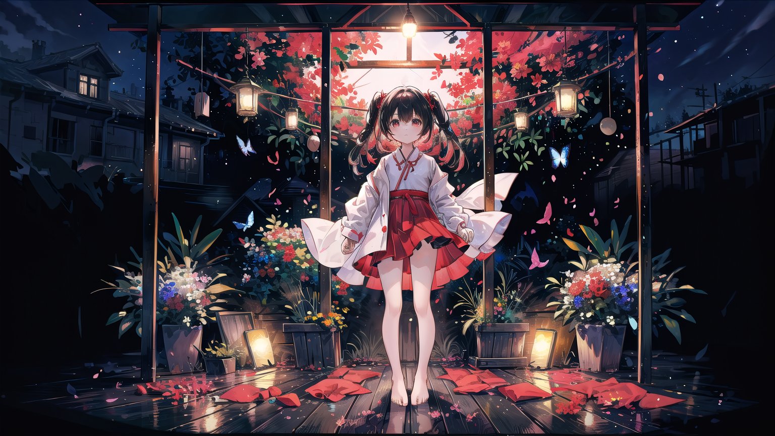 1 girl,HDR,high contrast,red classical robe,flying long hair,short skirt,hair tied with red ribbon,wind chimes,full body,soft clothing texture,eyes looking at the audience,flowers,butterflies,barefoot,red ribbon fluttering in the wind