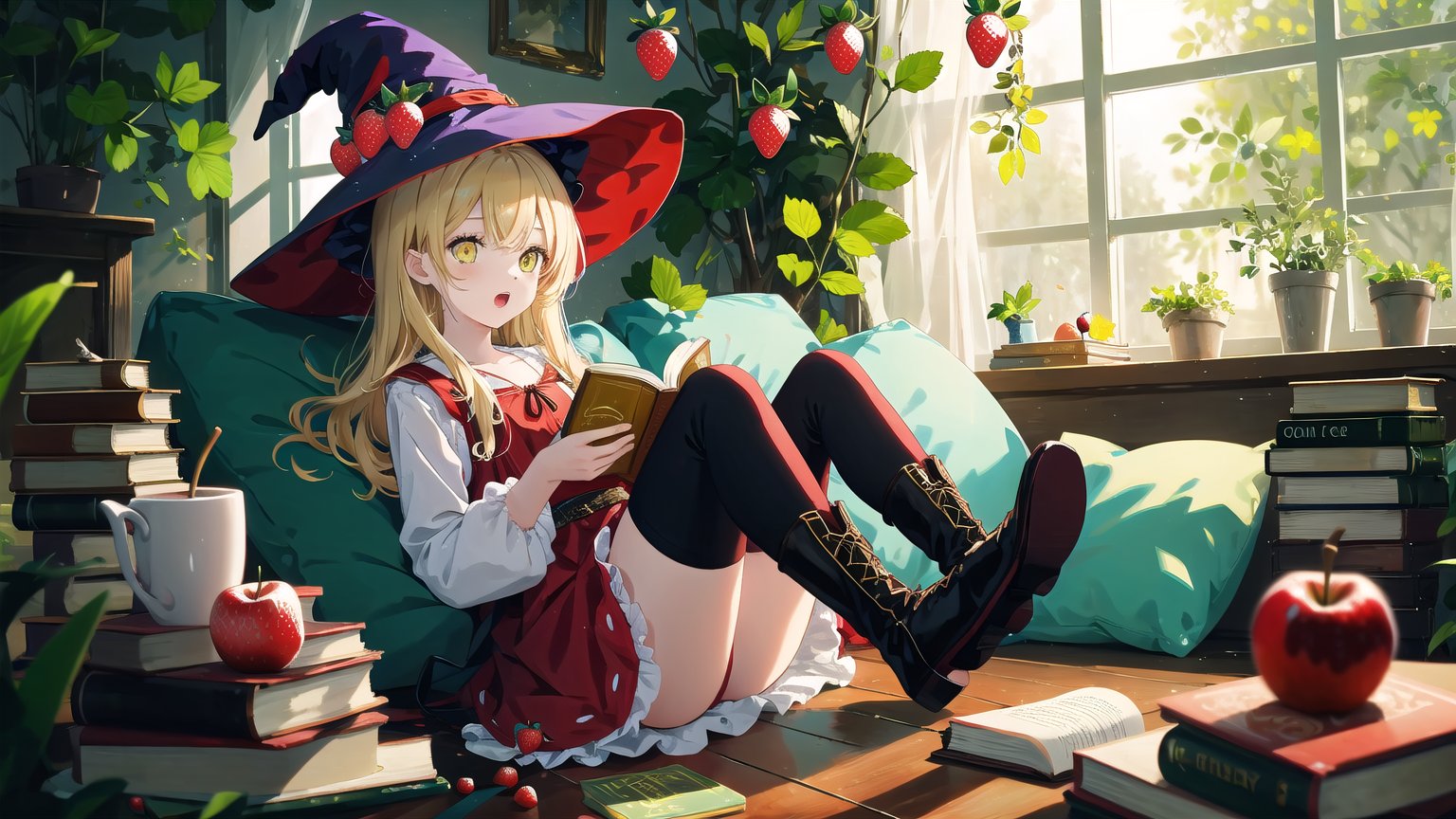 1girl, apple, balloon, berry, blonde_hair, blurry, blurry_foreground, book, boots, branch, cherry, depth_of_field, dress, food, fruit, hat, holding_book, long_hair, mushroom, open_book, open_mouth, reading, red_apple, red_flower, sitting, solo, strawberry, tree, witch, witch_hat, yellow_eyes, backlight, colors