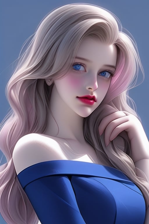 female eighteen. Wearing a tight elegant royal blue maroon dress with elegant with of the shoulder elegant sleeves. She has blonde hair in long with bangs. She has grey blue eyes. She has pink lipstick on with a gloss .She has royal blue eye shadow on and rosey pink blush on.She is white.