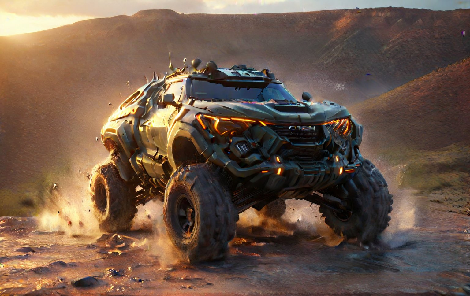 Masterpiece, 4k, High Resolution, Octane Render, Unreal Engine 5, Award Winning, Dramatic Lighting, Intricate, 8k Highly Professional Detail, HDR, Smooth, Sharp Focus, Illustration, Unreal Engine 5, Octane Render, Cinematic Light, dynamic volumetric lighting, Off-road suspension,baja, Armored vehicle,suv, all-terrain vehicle, concept, science fiction, (f150:0.2),oshkosh m-atv jltv,humvee, Knight XV ,future,c_car,JB64,TechStreetwear,ROBOT,exosuit,LegendDarkFantasy, 3D SINGLE TEXT,HYPER REAL