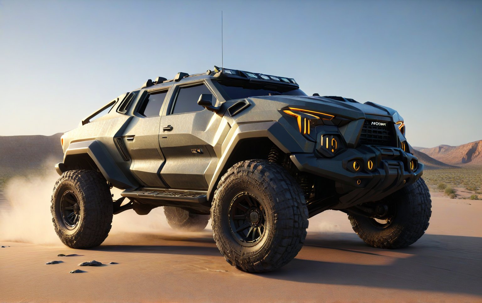 Masterpiece, 4k, High Resolution, Octane Render, Unreal Engine 5, Award Winning, Dramatic Lighting, Intricate, 8k Highly Professional Detail, HDR, Smooth, Sharp Focus, Illustration, Unreal Engine 5, Octane Render, Cinematic Light, dynamic volumetric lighting, Off-road suspension,baja, Armored vehicle,suv, all-terrain vehicle, concept, science fiction, (f150:0.2),oshkosh m-atv jltv,humvee, Knight XV ,future,c_car,JB64,TechStreetwear,ROBOT,exosuit,LegendDarkFantasy, 3D SINGLE TEXT,HYPER REAL