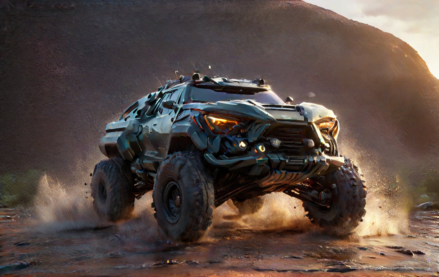 Masterpiece, 4k, High Resolution, Octane Render, Unreal Engine 5, Award Winning, Dramatic Lighting, Intricate, 8k Highly Professional Detail, HDR, Smooth, Sharp Focus, Illustration, Unreal Engine 5, Octane Render, Cinematic Light, dynamic volumetric lighting, Off-road suspension,baja, Armored vehicle,suv, all-terrain vehicle, concept, science fiction, (f150:0.2),oshkosh m-atv jltv,humvee, Knight XV ,future,c_car,JB64,TechStreetwear,ROBOT,exosuit,LegendDarkFantasy, 3D SINGLE TEXT,HYPER REAL