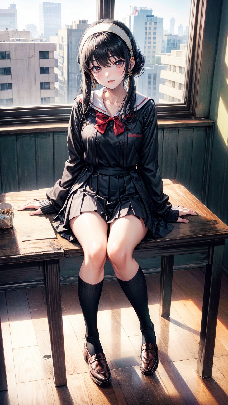 (red eyes), (black hair), White Hairband, full Body, (Charming smile), (Japanese Girls High School Uniform), ultra high resolution,8k,Hdr, classroom, sitting on the table 