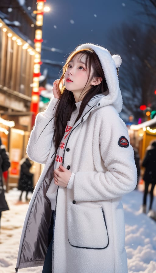 cute girl, long hair, fashion winter coat, big coat, Wear a coat over a hoodie, standing looking up snow is falling, winter night city, snowing, 4K, ultra HD, RAW photo, realistic, masterpiece, best quality, beautiful skin, white skin, 50mm, medium shot, outdoor, half body, photography, Portrait, ,chinatsumura, high fashion, snowflakes, dynamic light, warm lights, christmas lights, festival atmosphere