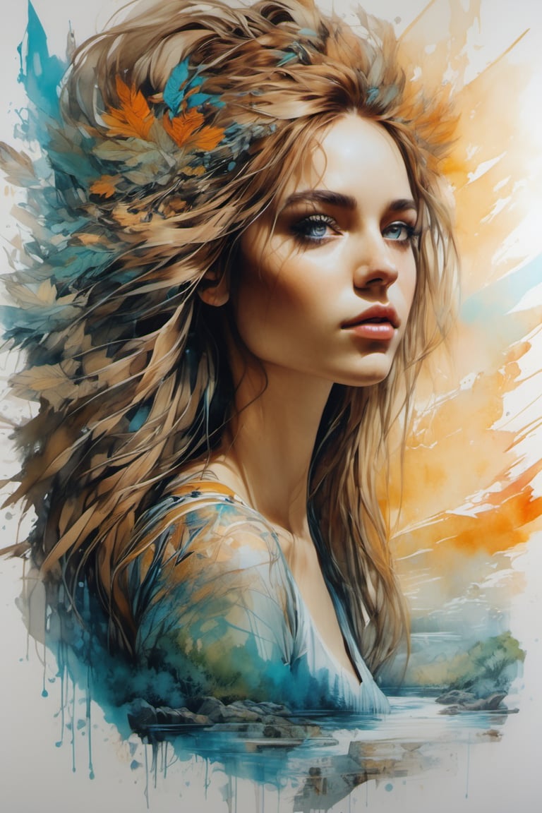 beautiful girl , portrait, ((amazing quality, award winning, intricately detailed, extremely detailed 8K, masterpiece, painting)), ((style of Carne Griffiths)), sketch ink artwork of beautiful woman, river background,Leonardo Style, illustration,tshirt design,oni style
