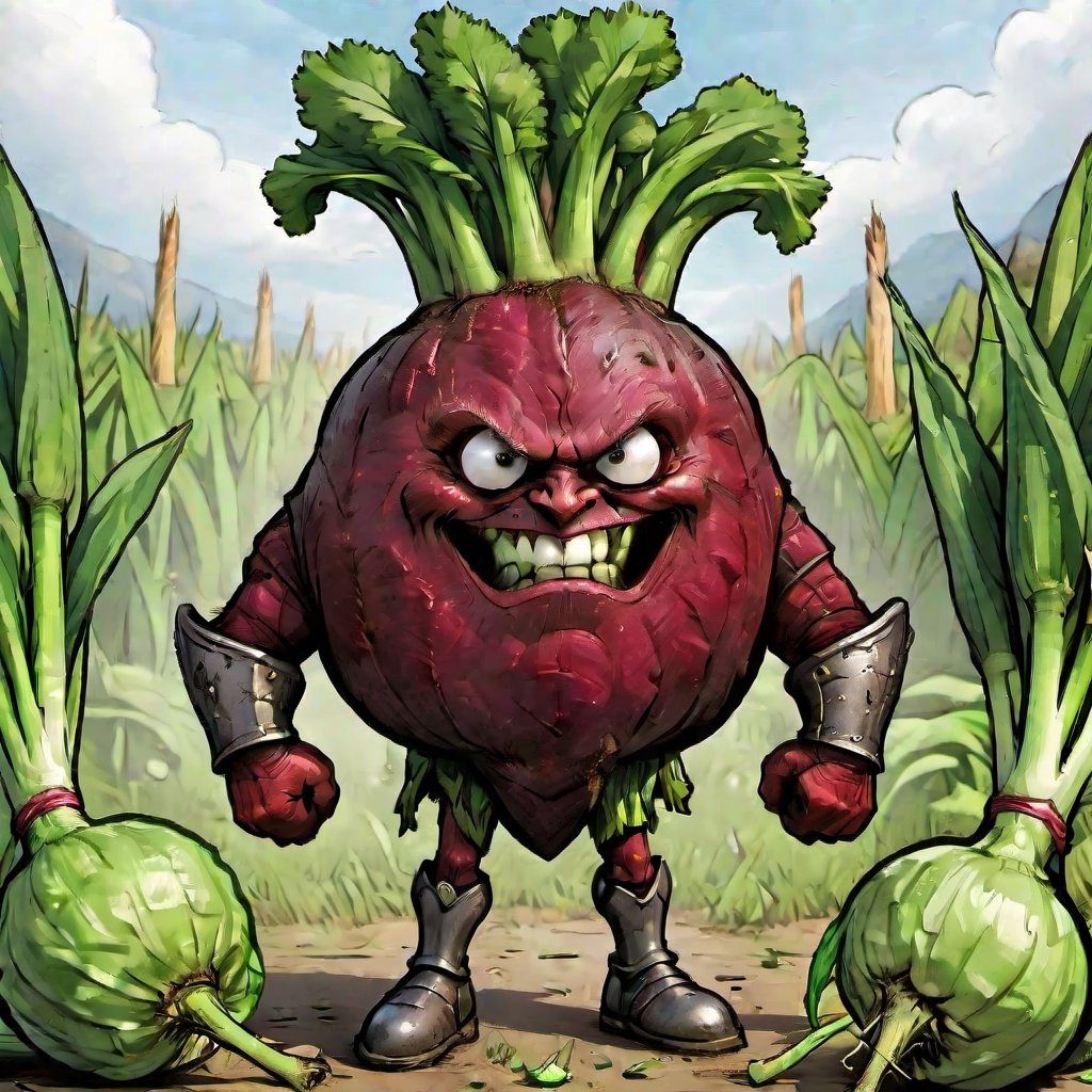 comic book, 
caricature of an anthropomorphic beet with body of beet, arms and legs, and dressed with a armour and armed with a war ax, green onion main shape, with a defiant look, with a fantastic medieval theme, DonMFr0stP4nkXL,diaper,NIJI STYLE, background detailed,