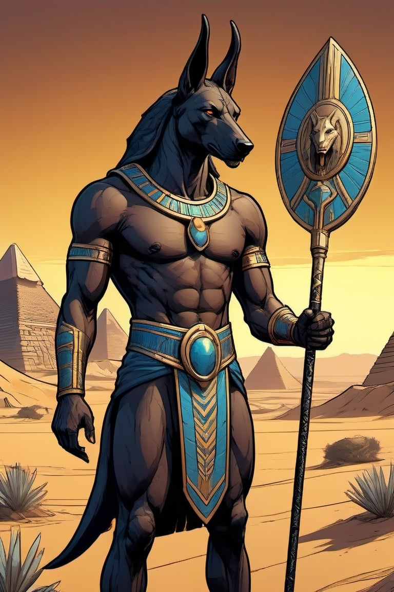 comic book,tmts, beatiful, 
high quality, cardgame,

The mythological Egyptian god Anubis with black skin and with head of a greyhound, with a defiant look and with a scepter in his hand, with a desert background  behind, 

style,ULTIMATE LOGO MAKER [XL],ancient clothes