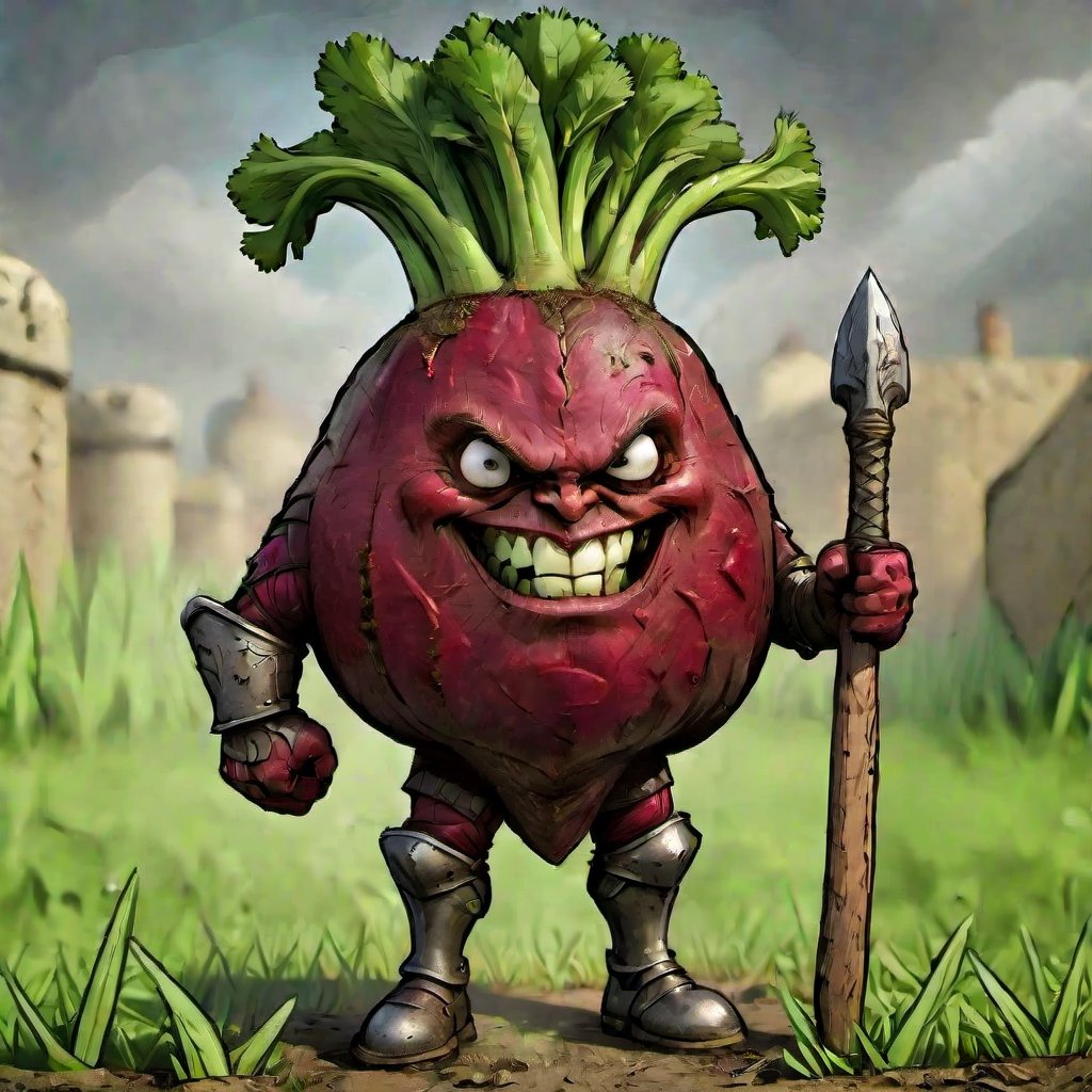 comic book, 
caricature of an anthropomorphic beet with body of beet, arms and legs, and dressed with a armour and armed with a double edged axe, green onion main shape, with a defiant look, war axe, with a fantastic medieval theme, DonMFr0stP4nkXL,diaper,NIJI STYLE, background detailed,