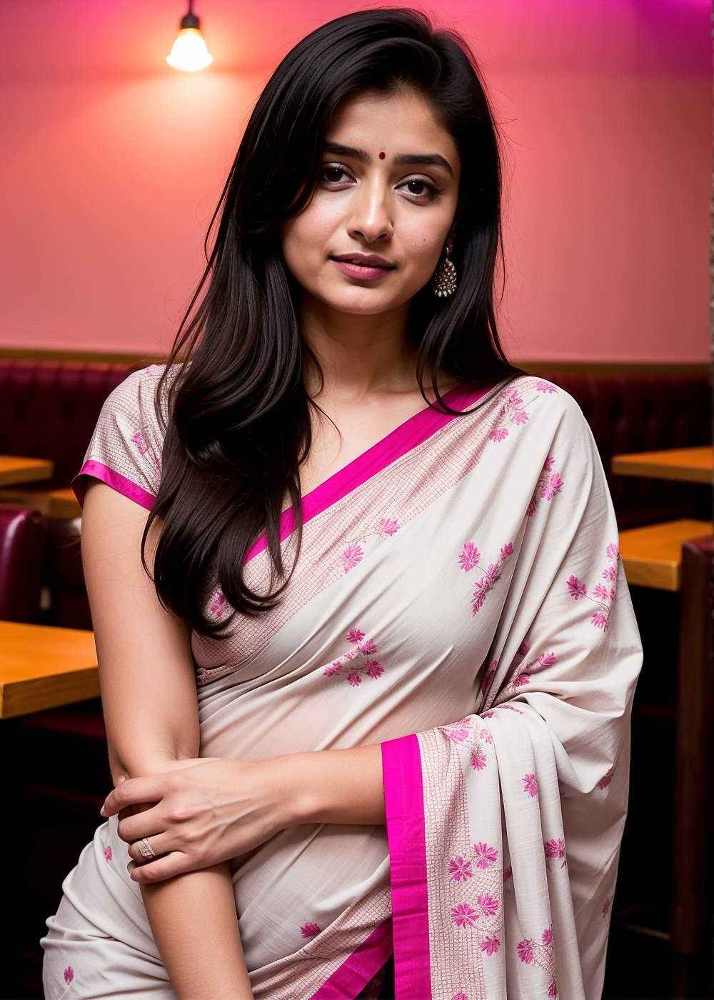 Lovely cute hot Alia Bhatt, acute an Instagram model 22 years old, full-length, long blonde_hair, black hair, They are wearing a Pink Floral Woven Design Saree. The background cafe drinking water. indian cafe