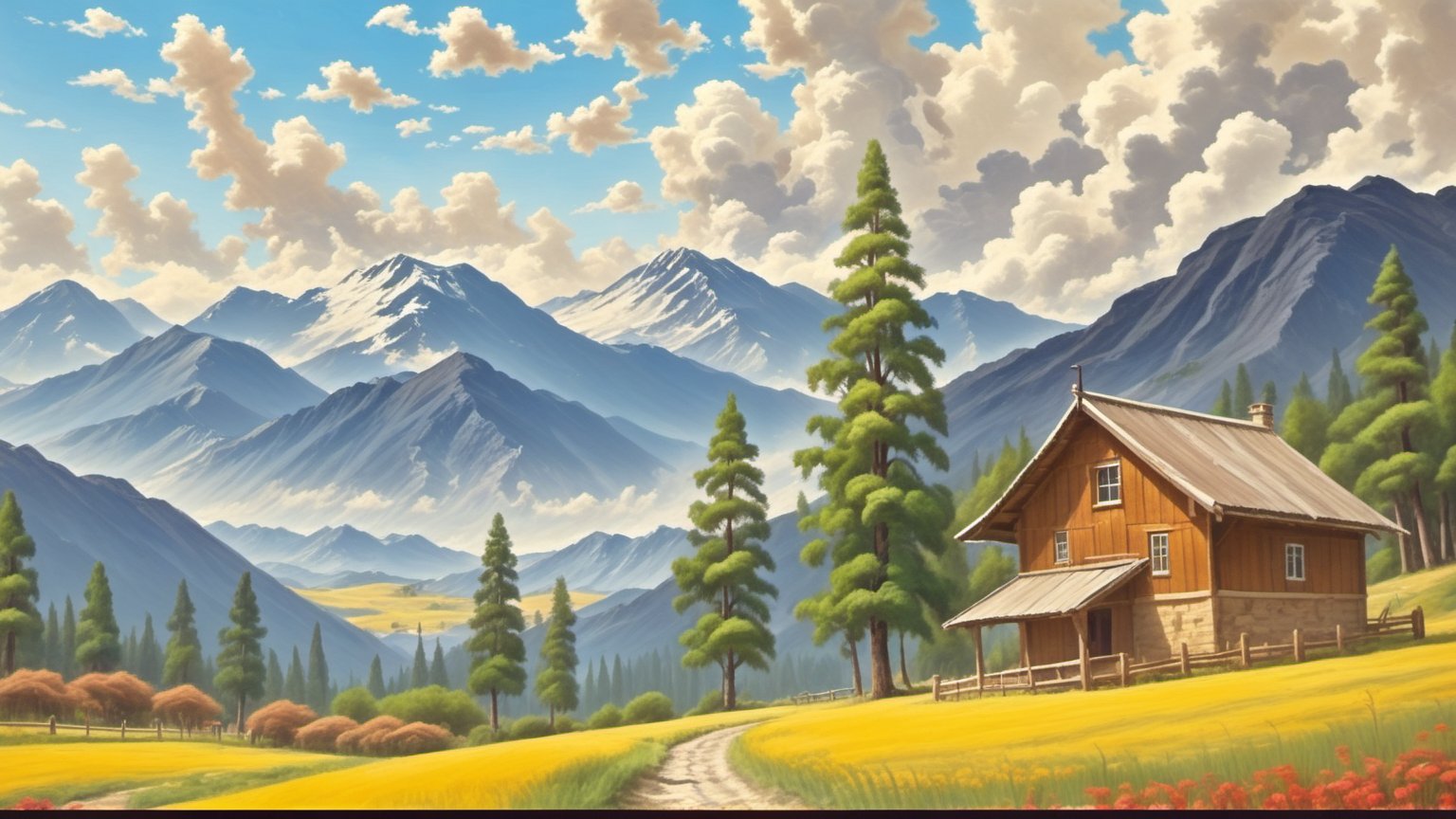 trees (in_front), wood houses, (mountains in background), noon (cloudy_sky),artistic oil painting stick,rough,ADD MORE DETAIL