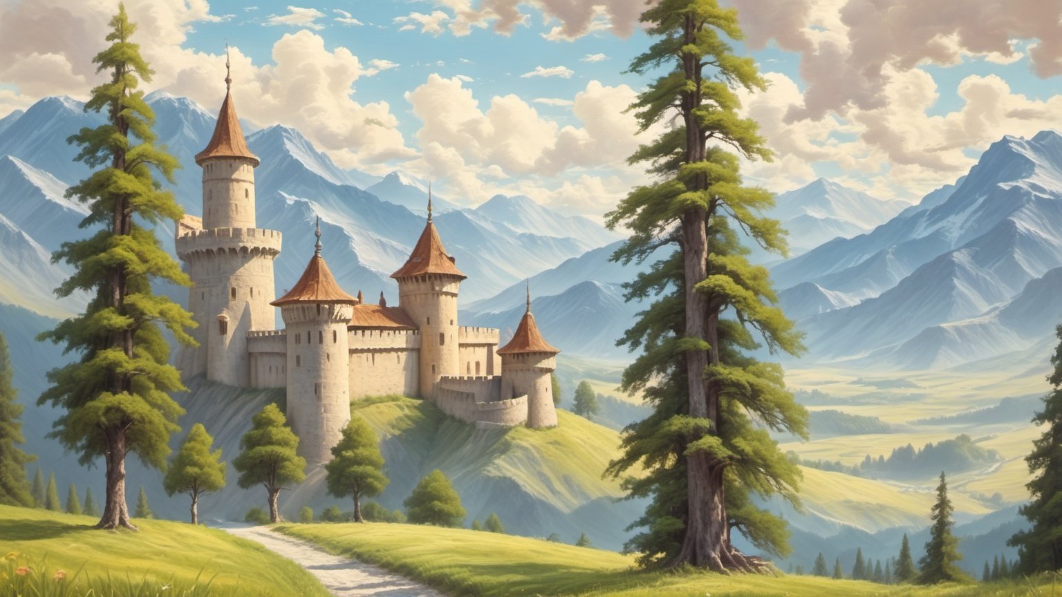 trees (in_front), castle, (mountains in background), noon (cloudy_sky),artistic oil painting stick,rough,ADD MORE DETAIL