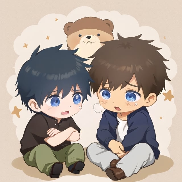 2 boys, bear cry,1boy,chibi