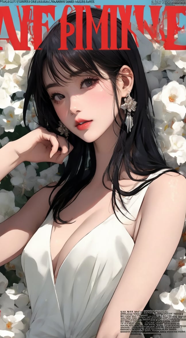 Masterpiece, highest quality, 1 girl, solo, 20 years old, beautiful Korean girl, {beautiful and delicate eyes}, long hair, black hair, (flat bangs), big breasts, calm expression, natural soft light, exquisite facial features, seductive face, smiling eyes, open lips, looking at the viewer, normal body structure, correct proportions, perfect hands, hair past the waist, sexy model pose, seductive body shape, out Sweaty skin, film grain, cleavage exposed, realistic, sailor collar, white high socks, high swimsuit pool, garden background, (fashion magazine cover: 1.5),hamabe,luxurious wedding dress,Mitan
