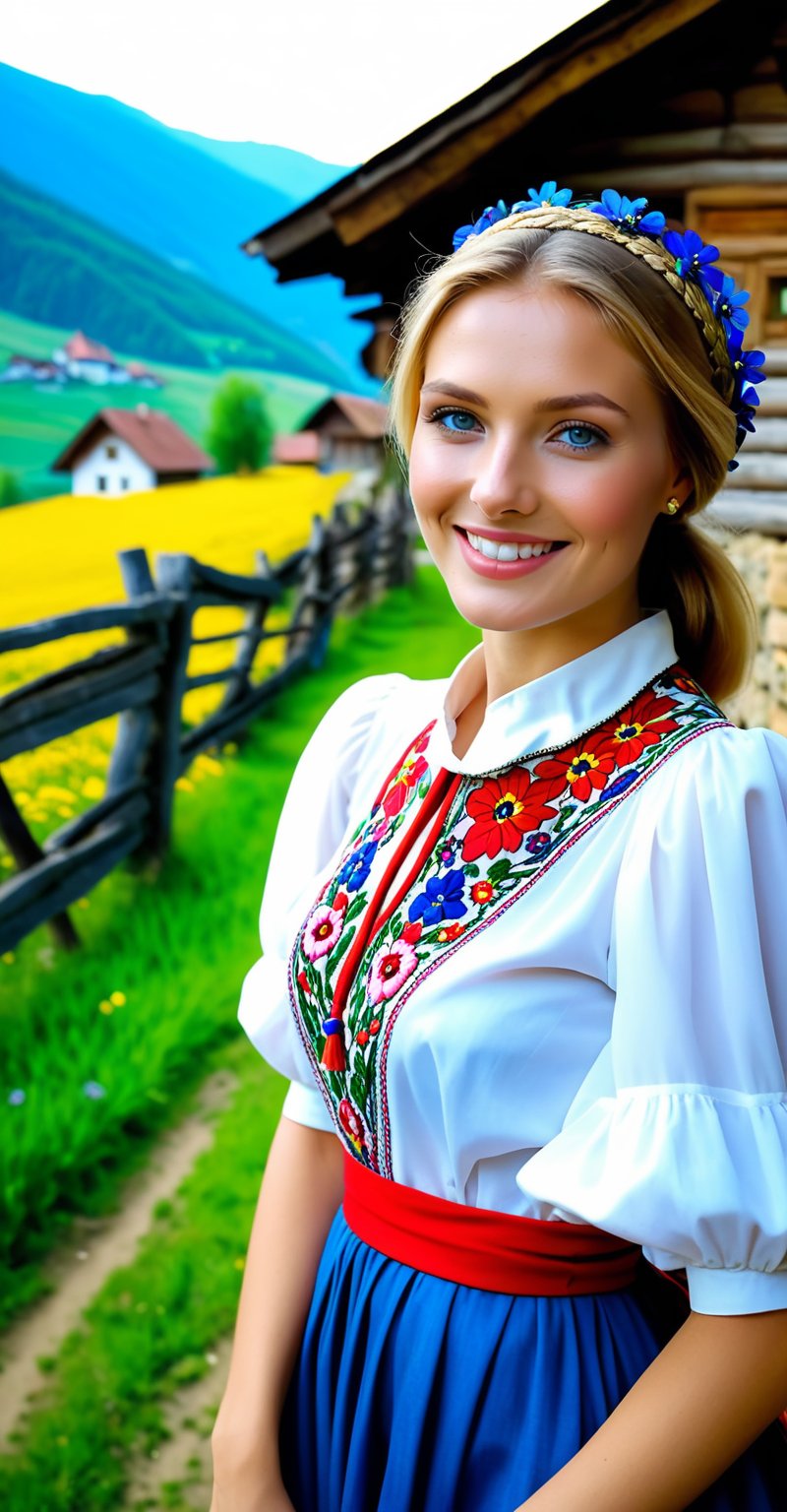 Generate a cinematic GoPro perspective (close up)capturing the enigmatic Russian supermodel as she visits an old Romanian village from the 1920s, nestled in the picturesque Maramureș area ,(vivid flowers and flowering trees next to wooden fences specific to the area), her striking blonde locks, piercing blue eyes, and a chic ponytail, she explores the village adorned in a traditional Romanian blouse, immersing herself in the cultural richness of the region. Against the backdrop of lush green grass, vibrant flowers, and charming old houses, she exudes an air of timeless elegance and grace. The GoPro photograph freezes her in a moment of enchantment, capturing the mesmerizing allure of the supermodel amidst the rustic beauty of the village's landscape. This close-up shot emphasizes her captivating smile and the interplay of natural lights, highlighting her beauty and the historical charm of the setting