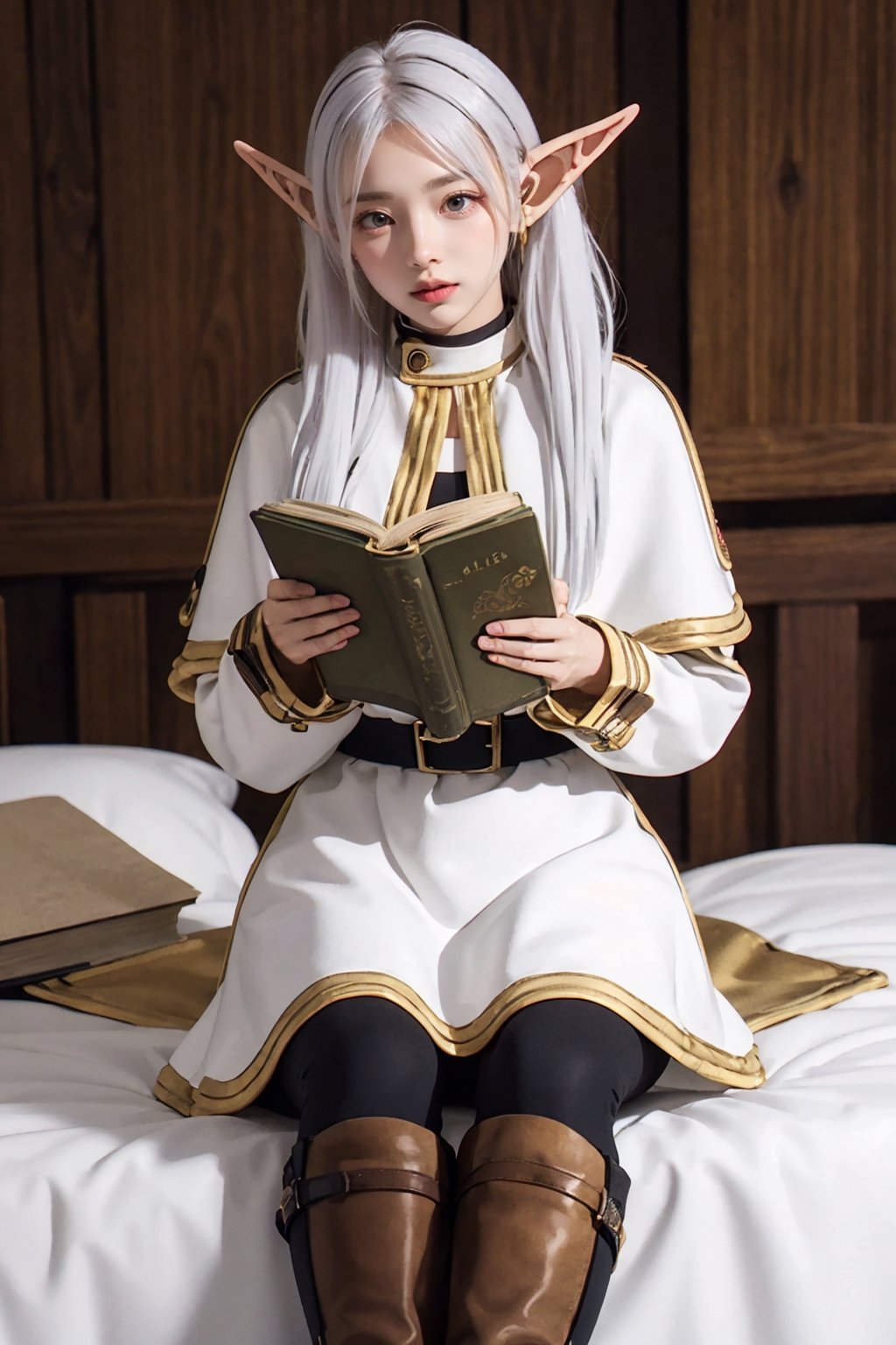 (frieren), elf, white hair, black leggings, brown boots,looking at viewer, capelet in white color with golden striped at edges, white dress also with golden striped at edge, portrait, reading book, sitting on the bed