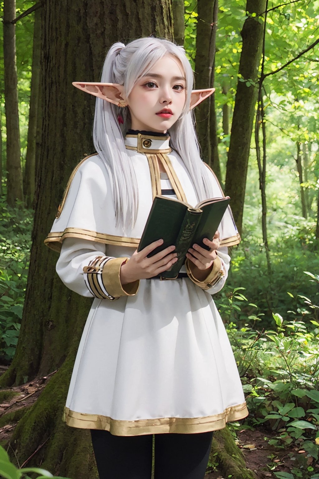 (frieren), elf, white hair, black leggings, brown boots,looking at viewer, standing, woods, capelet in white color with golden striped at edges, white dress also with golden striped at edge, portrait, reading book