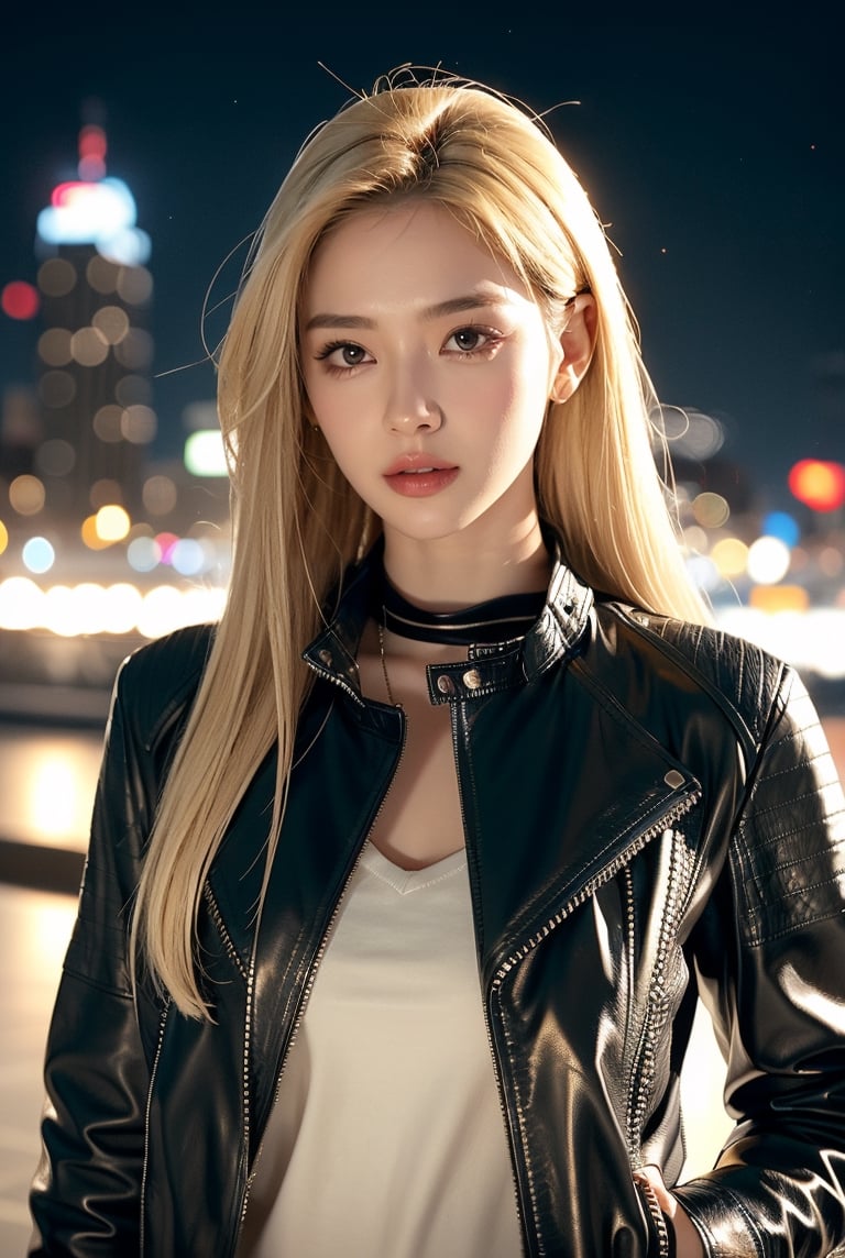 blonde hair(very long hair, straight hair),
Best Quality, 32k, photorealistic, ultra-detailed, finely detailed, high resolution, perfect dynamic composition, beautiful detailed eyes, sharp-focus, ((black leather jacket)), black Turtle neck shirt, night city view