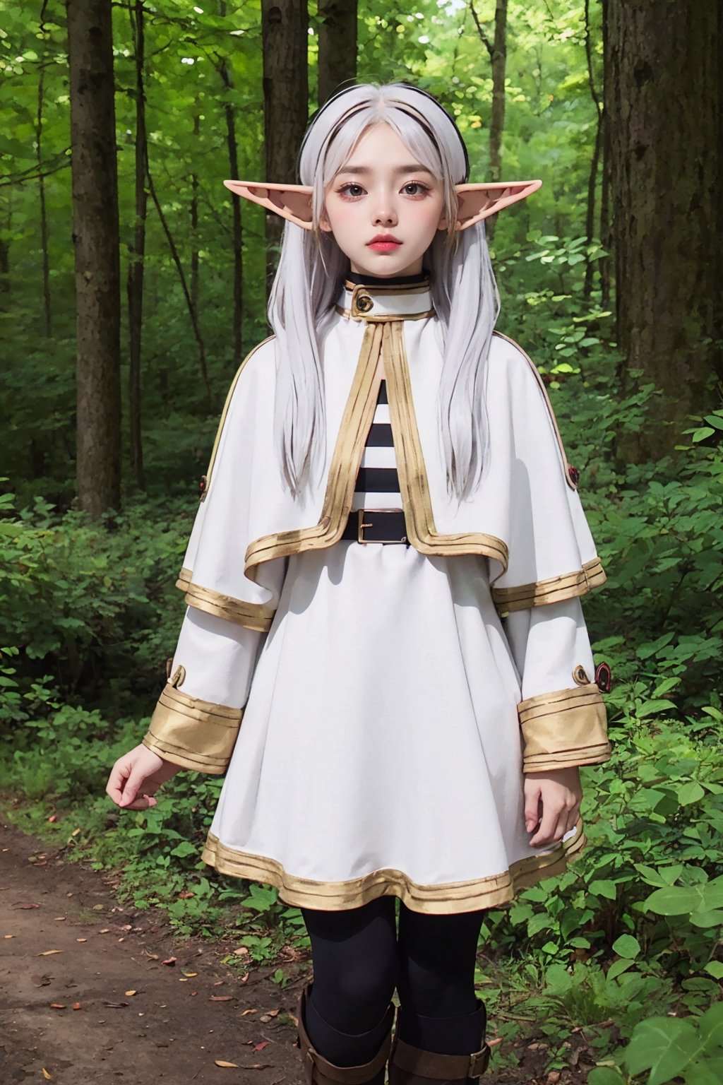 (frieren), elf, white hair, black leggings, brown boots,looking at viewer, standing, woods, capelet in white color with golden striped at edges, white dress also with golden striped at edge, portrait, magic, glowing magic circle 