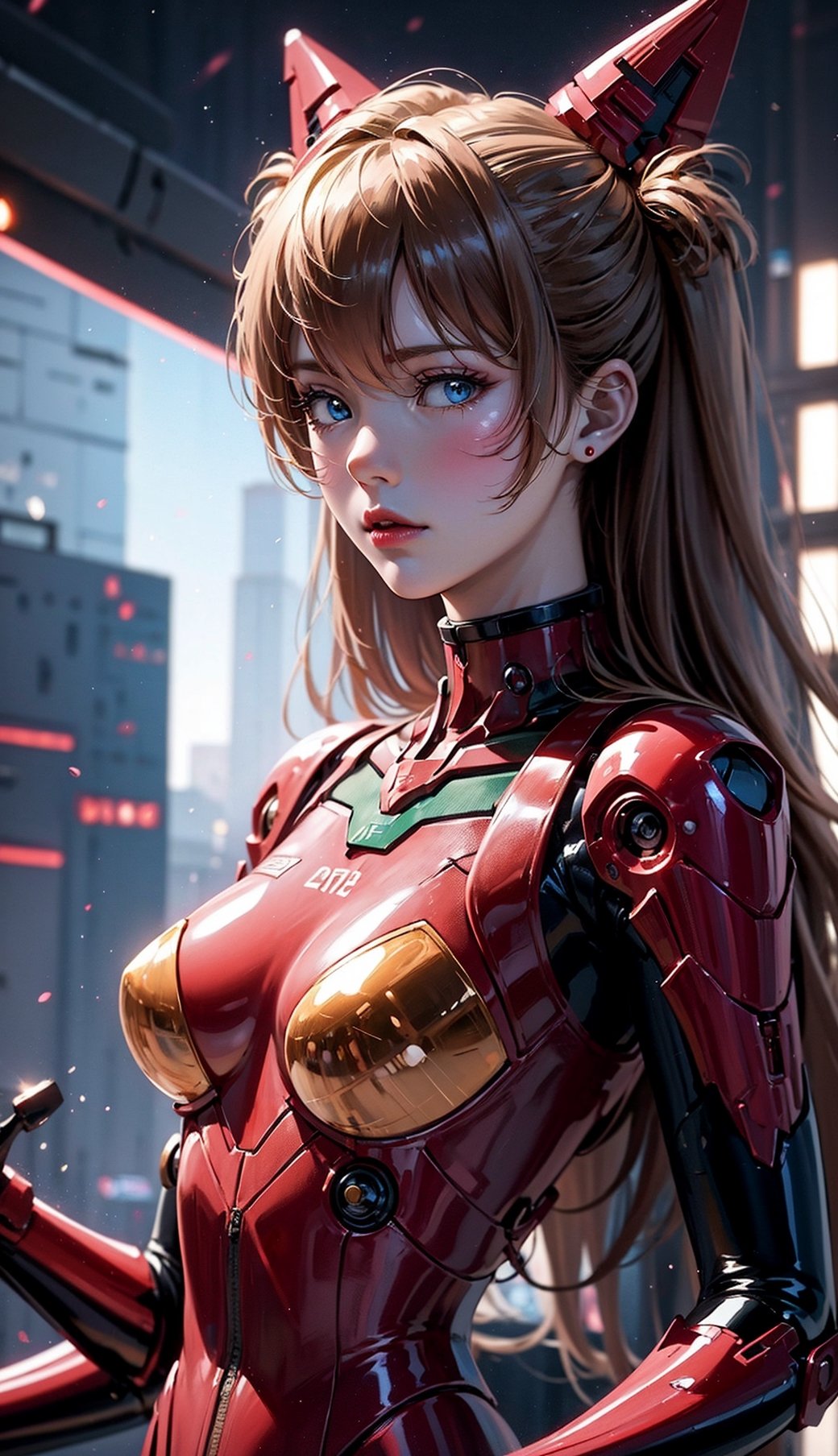 Asuka Langley a spaceship pilot in a latex suit with robotic limbs,  laying down in a pod,  in a cyberpunk setting,  cyborg,  implants,  high details,  realistic,  photorealism,  8k, souryuuasukalangley