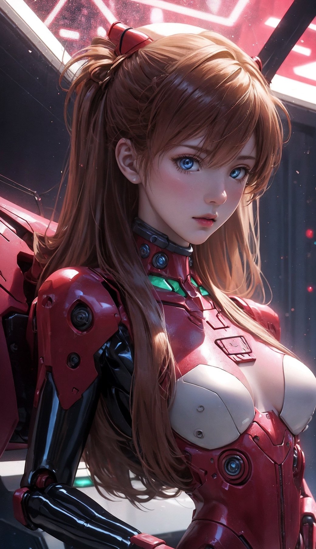 Asuka Langley as a spaceship pilot wearing a latex suit with robotic limbs lying in a pod in a cyberpunk environment, robots, implants, high detail, realistic, photo Realistic, 8k, souryuuasukalangley, real photos, real people