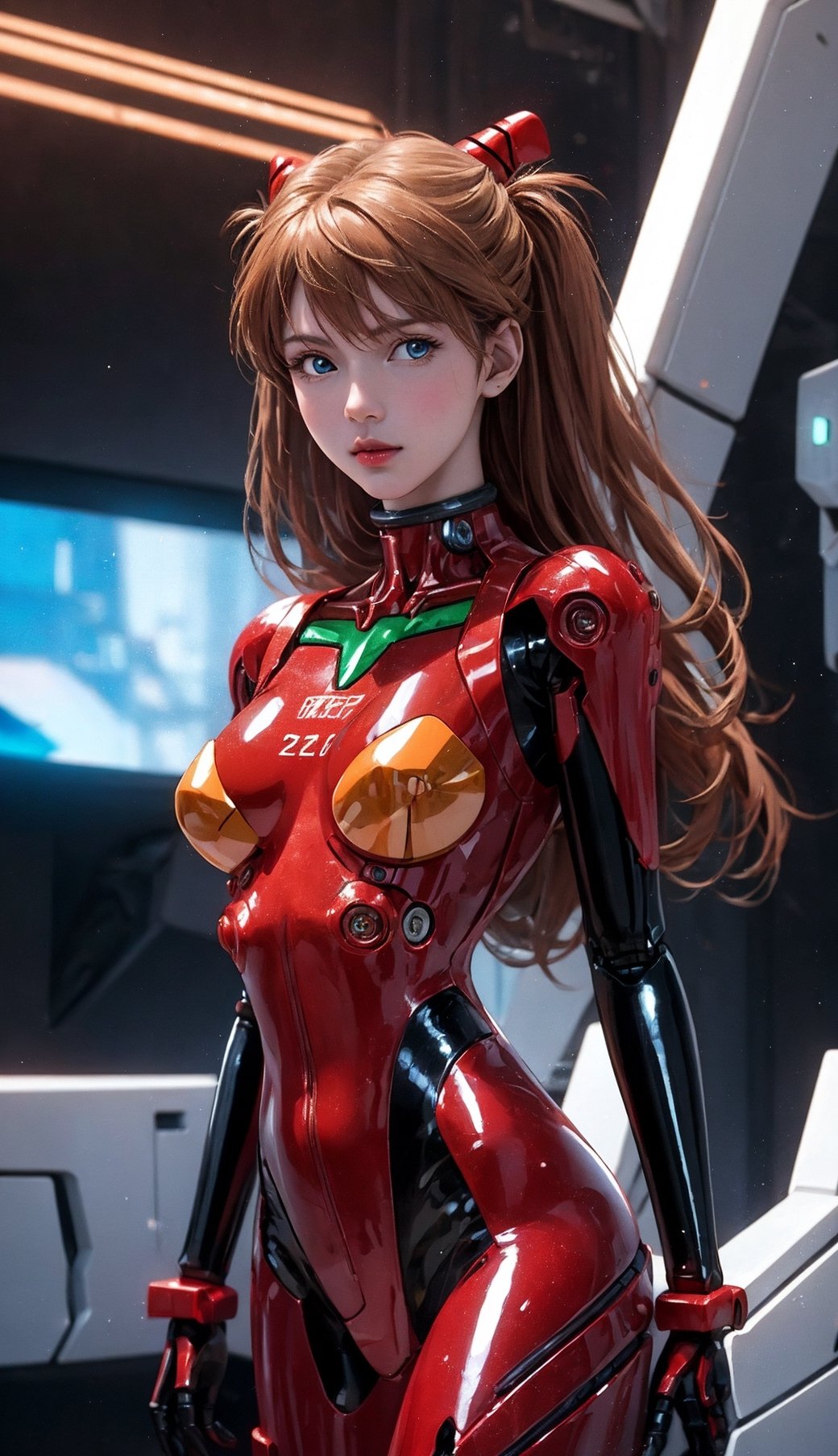 Asuka Langley as a spaceship pilot wearing a latex suit with robotic limbs lying in a pod in a cyberpunk environment, robots, implants, high detail, realistic, photo Realistic, 8k, souryuuasukalangley, real photos, real people