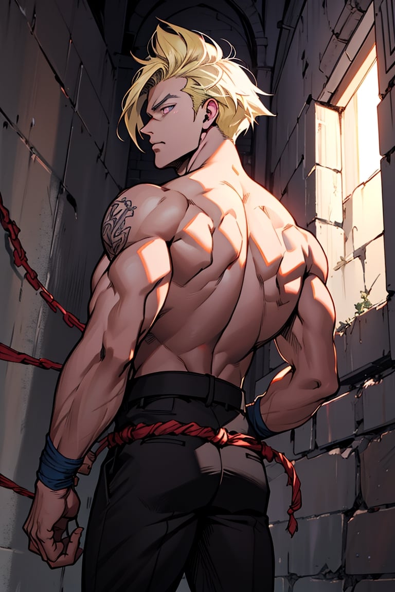 Highly detailed, High Quality, Masterpiece, beautiful, gohan on dungeon with hands tied down at back, without a shirt, blonde hair,light purple eyes , black pants, 