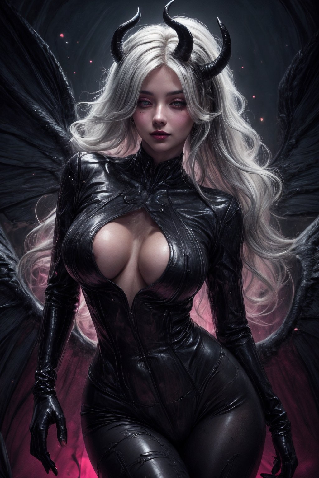 1girl, succubus, Sweet face, full body, charming eyes {beautiful and detailed eyes}, icy  eyeshadow, longfade eyebrow, evil smile, sexy lips, delicate facial features, curvy body type((huge breasts}}, long hair(dark hair:1.2), long demon tail, wearing demon clothes {{black, leather, sexy, horny suit}}, beautiful hands(wearing leather gloves), moon night, flim grain, masterpiece, Best Quality, natural and soft light photorealistic, ultra-detailed, finely detailed, high resolution, sharp-focus, glowing forehead, perfect shading, highres, photorealistic,Mehira_AFK