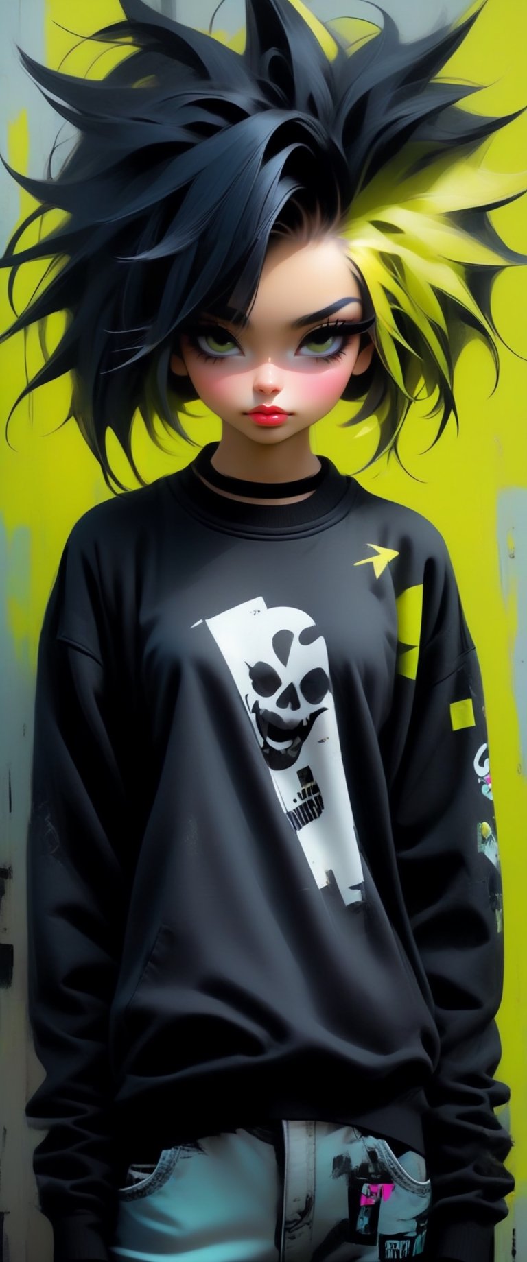 tomboy girl, punk attitude, toxic palette, messy hairstyle, merge vibrant of pop art style and gloominess of gothic style, intricate detail, dark comedy embience,TechStreetwear,