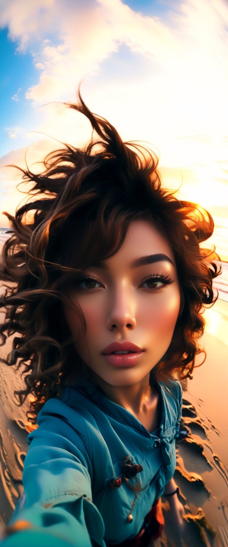 xxmix_girl,a woman takes a fisheye selfie on a beach at sunset, the wind blowing through her messy hair. The sea stretches out behind her, creating a stunning aesthetic and atmosphere with a rating of 1.2.,xxmix girl woman, futanari, close up, fisheye selphie, ,Hayoon,Narin