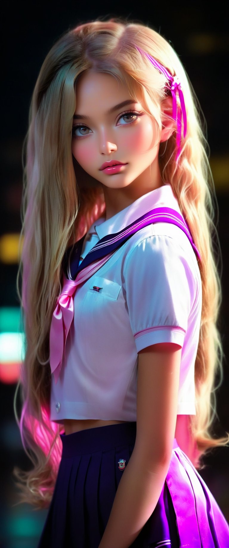 (((8k, best quality, masterpiece:1.2),(best quality:1.0), (ultra highres:1.0))), realistic, RAW, a beautiful girl, 20 years old, ((hair clips)),((pink white sailor uniform, school uniform, tie, small round breast)), from head to waist, extremely luminous bright design, neon lights, long hair, amazing eyes, details eyes, (((dynamic pose))), ((dark purple background)), cute smile, sexy, naughty, bitchy, ,