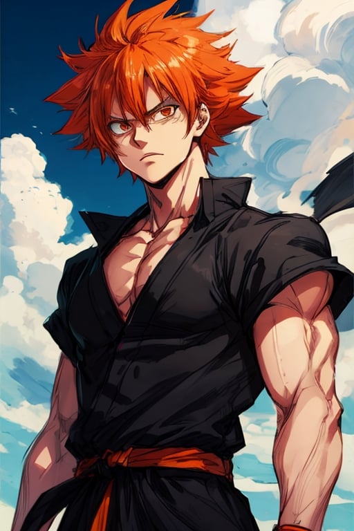 highly detailed, high quality, Masterpiece, beautiful,(medium long shot), 1boy, solo, ichigo from bleach, panchameme,(eyes angry, orange hair, muscular, black shirt, black belt,above the sky, detailed background,clouds, ichigo, Anime Sketch,hollow mask ichigo,son goku