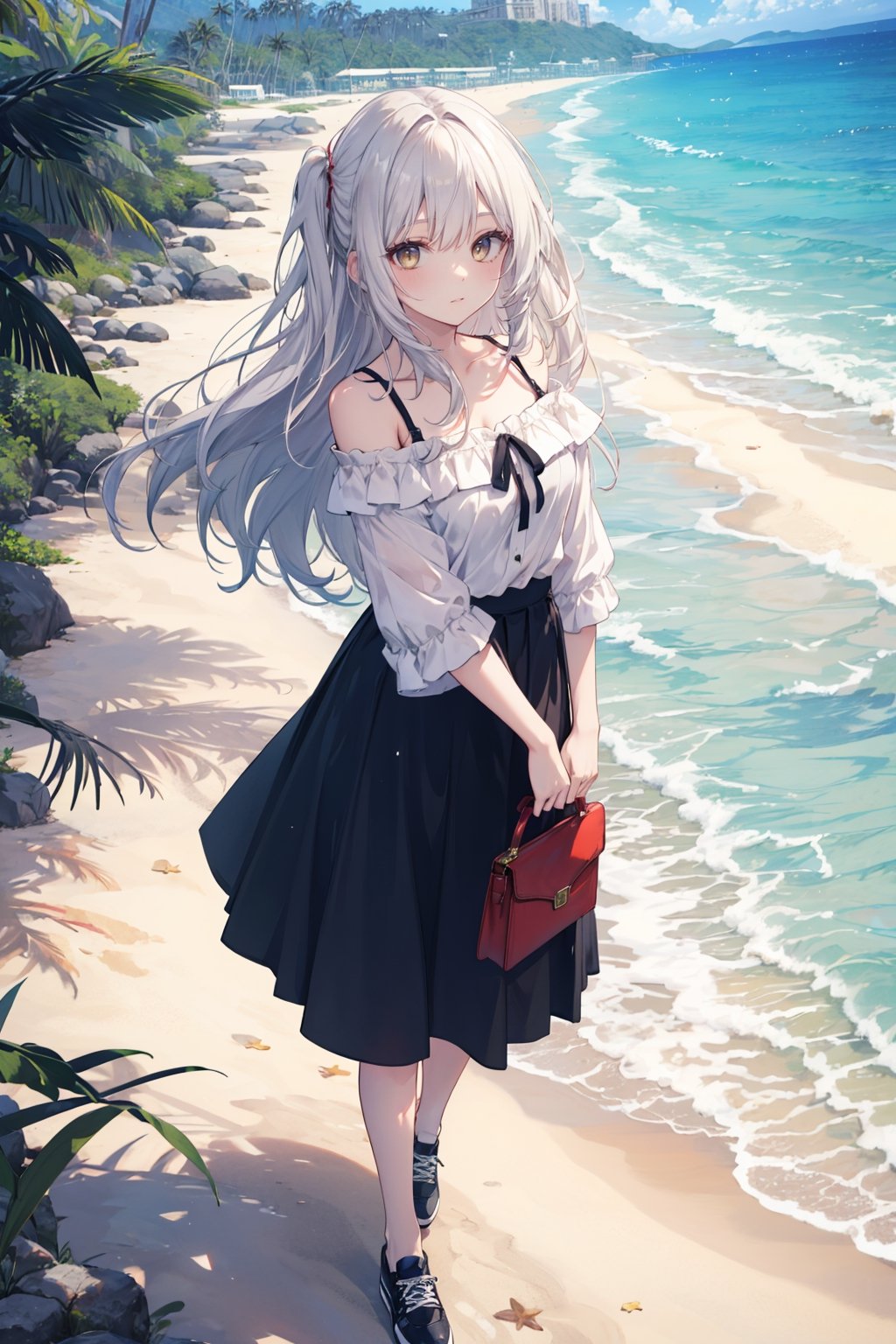 A long-haired beauty smiling, wearing an off-the-shoulder top, a skirt, canvas shoes, with a beach background.