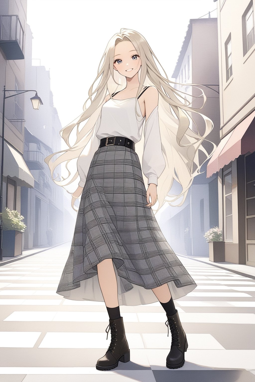 A long-haired beauty smiling, wearing a white top with a thin-strapped checkered vest over it, paired with a checkered long skirt and boots, with a street background.
