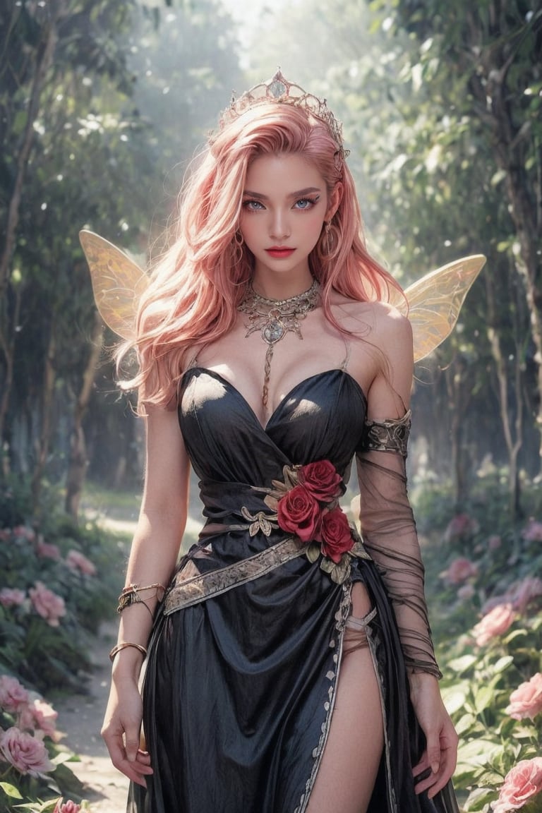 In a whimsical, dreamlike setting, a princess with pink hair and eyes adorns a rose- themed gown, her long hair flowing gently behind her. A soft, magical glow illuminates her delicate features, as she stands amidst an enchanted forest, surrounded by glowing flowers and fluttering butterfly accessories. Delicate butterfly wings sprout from her crown, while a gentle breeze rustles the petals of the enchanted rose at her feet. The fairy tale castle in the distance casts a majestic shadow, as magical creatures frolic playfully within the whimsical landscape. Ethereal beauty emanates from this masterwork of fantasy art, crafted with ultra-detailed precision by Angela White.,Sugar babe ,leonardo,viking,perfect light