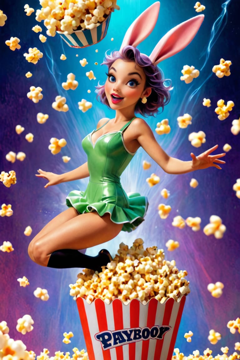 It generates a fantasy and surreal image of a Playboy girl jumping out of a popcorn bucket. The picture is colorful, gorgeous and extremely sweet.