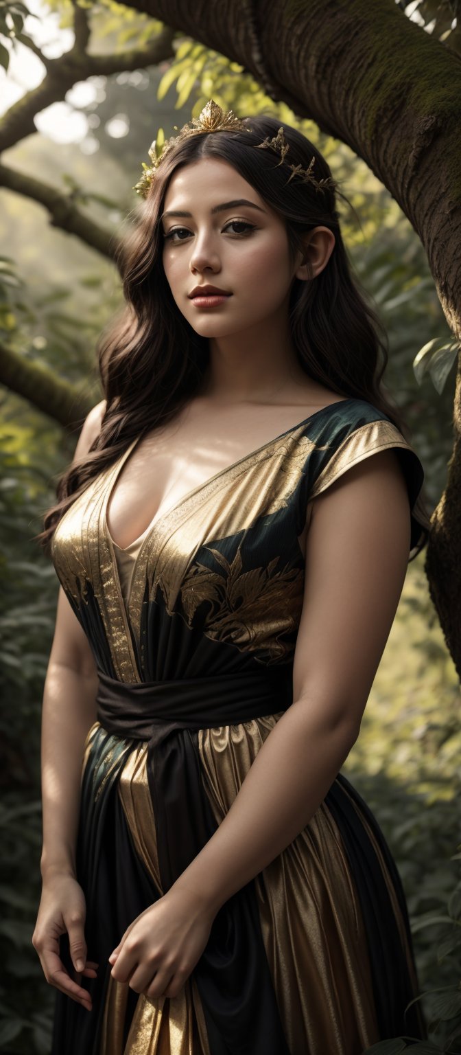 In a dappled, ancient forest ruin, an Elf Princess stands tall, her staff raised high as beams of warm sunlight filter through the trees, casting a golden halo around her regal figure. Her revealing, enchanted clothing shimmers in the soft light, while lush foliage and vines surround her, creating a lush environment. The camera captures a sharp focus on the princess's face, with the rule of thirds composition placing her at the intersection of two diagonals. Shot during the golden hour, the scene exudes an ethereal mood, inviting the viewer to step into this mystical realm., ,fantasy,better_hands,leonardo,angelawhite,Enhance