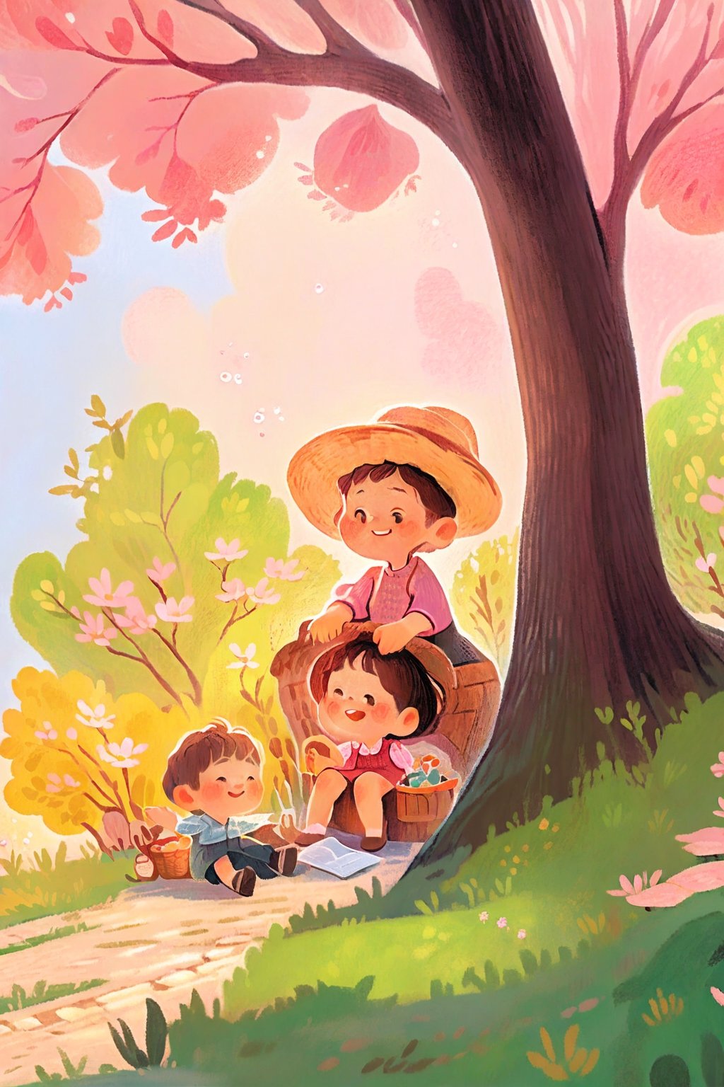 By Van Gogh, sunshine spring with many sakura trees, oil painting, highly detailed, sharpness, dynamic lighting, super detailing, van gogh sight background, painterley effect, post impressionism, ,oil painting, 2d-dimension_animated, masterpiece, cartoon, 1boy with black short hair, 1girl with brown long hair, pink vintage dress sitting together, having picnic at grass,children's picture books