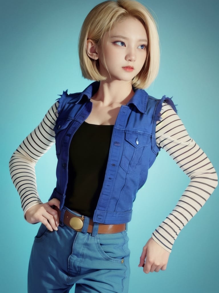 realistic Android_18_DB, standing, photo realistic, shorthair, blond_hair,n0t