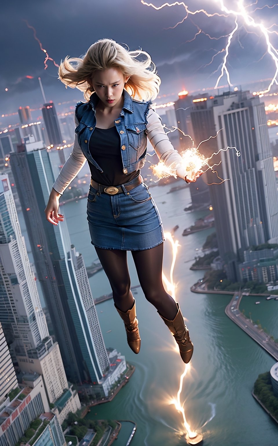 masterpiece, ultra realistic, 8K, Android_18_DB, full body, denim skirt, pantyhose, face focus, blond hair, look afar, top-down view,no gravity, she is weightlessness and flying through the buildings, cityscape, superwoman position,lighting, dramatic ball lightning between hands, thunder rings