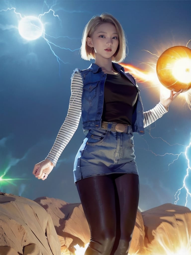 realistic Android_18_DB, standing, photo realistic, shorthair, blond_hair,n0t, masterpiece, ultra realistic, 8K, Android_18_DB, full body, denim skirt, pantyhose, face focus, blond hair, look afar, no gravity, superwoman position,lighting, dramatic ball lightning between hands, thunder rings