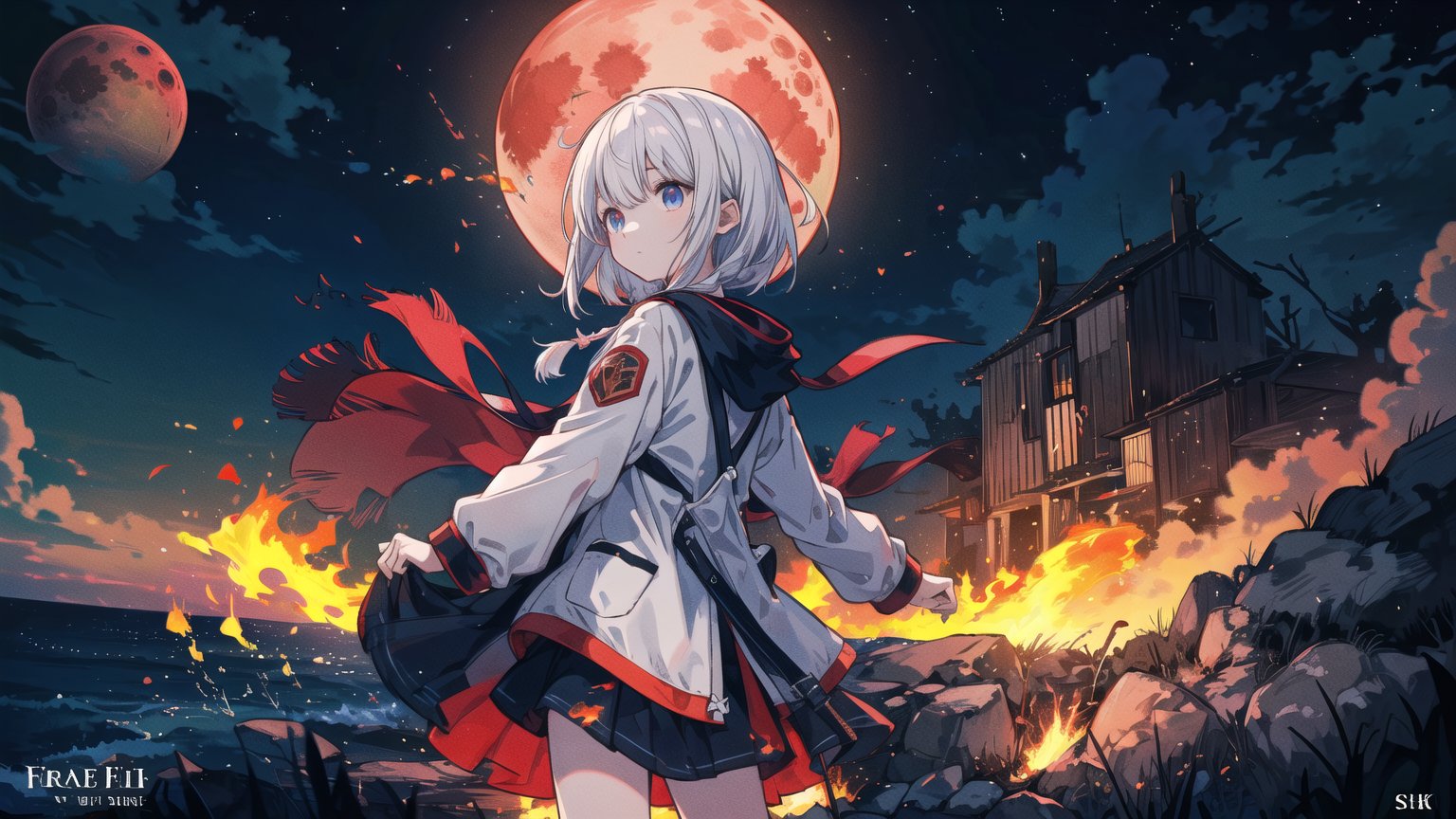 masterpiece, best quality,extremely detailed CG unity 8k wallpaper, best quality, extremely detailed, detailed, art of light novel cover,highres,(anime screencap),((Beautiful and detailed explosion)),((outdoors, nature,flame_sea,blue fire,dark sky with dark clouds:1.25)),(1girl:1.5) ,(night),stars,moon light,explosion,Burn oneself in flames,Good looking flame,(aurora:0.5)((world of flames,Red Moon)),, ,shi_BETA,moyou,1girl,White hair,neon,water,yushuishu,Dragonite,doudouyan, colors