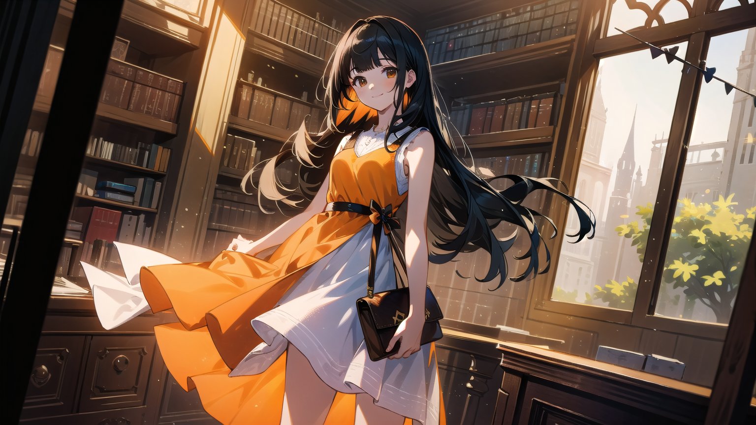 masterpiece, best quality, high quality,extremely detailed CG unity 8k wallpaper, extremely detailed, High Detail, 

(1girl, solo), long hair, looking at viewer, smile, bangs, black hair, brown eyes, standing, sleeveless, indoors, blunt bangs, bag, sleeveless dress, handbag, realistic, dress, (orange dress), in the library, library,girl