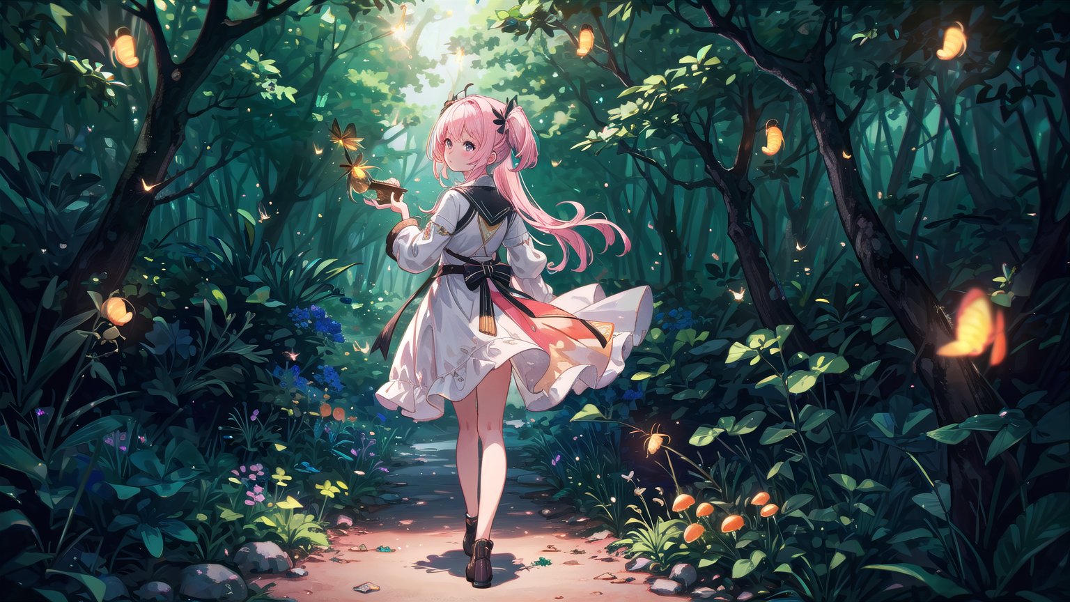  masterpiece, best quality, high quality,extremely detailed CG unity 8k wallpaper, An enchanting and dreamy scene of a fantasy forest, (with towering trees), (pink),glowing mushrooms, and hidden fairy glens, creating a sense of mystique and enchantment, BREAK, (1 cute girl, solo, (chasing fireflies:1.5), full body), artstation, digital illustration, intricate, trending, pastel colors, oil paiting, Bokeh, Depth of Field, HDR, bloom, Chromatic Aberration ,Photorealistic,extremely detailed, trending on artstation, trending on CGsociety, Intricate, High Detail, dramatic, 1girl, backlight, colors