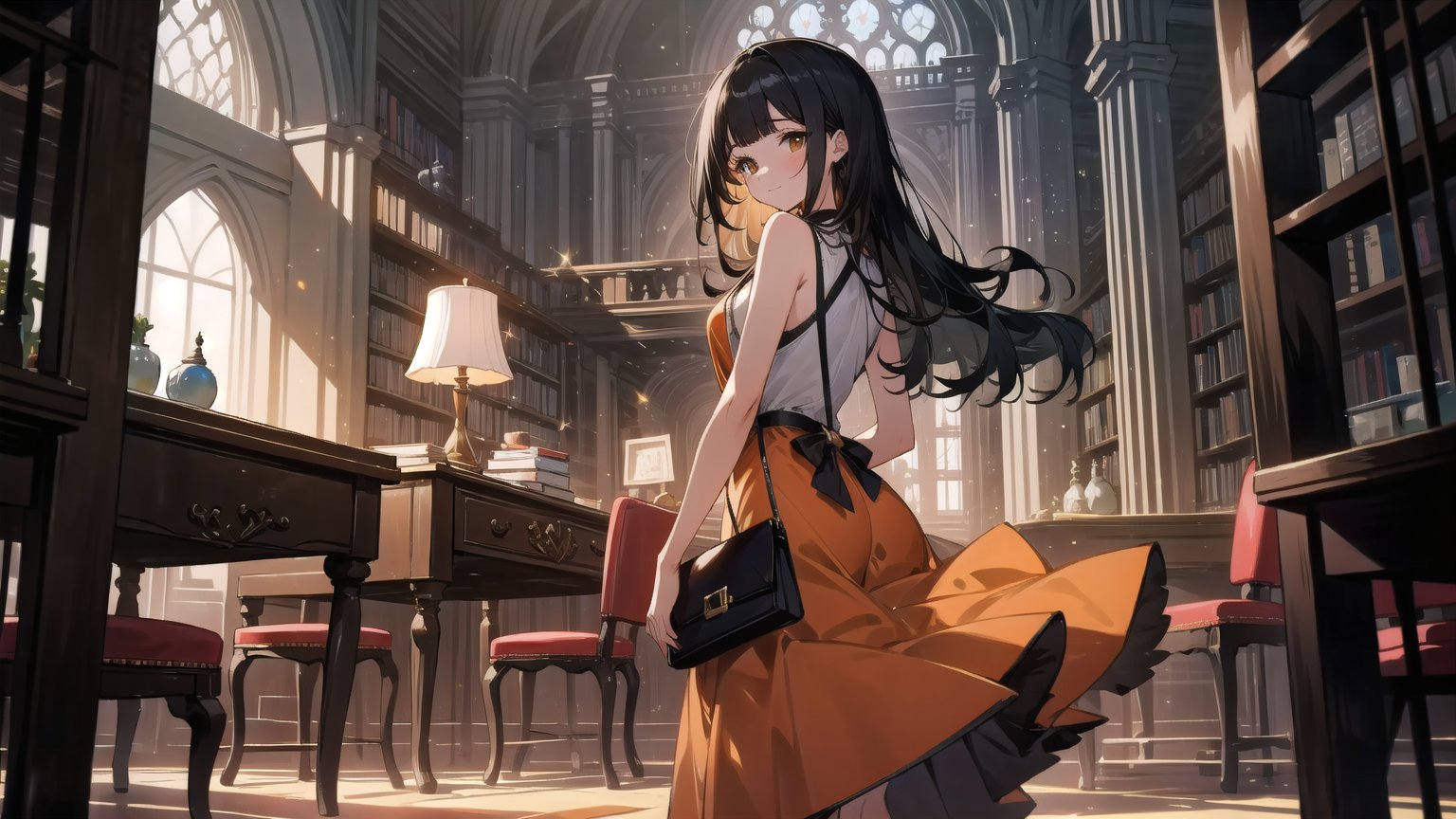 A stunning 8k CG masterpiece of a young woman, her long black hair cascading down her back with blunt bangs framing her heart-shaped face. Her bright brown eyes sparkle as she gazes directly at the viewer, a warm smile spreading across her features. She stands confidently, sleeveless and sans shoes, wearing an vibrant orange dress that complements the rich wood tones of the library's interior. A slender handbag hangs elegantly from her arm, adding to the overall sense of refinement. The lighting is soft and even, casting no harsh shadows as she stands amidst towering bookshelves.,girl