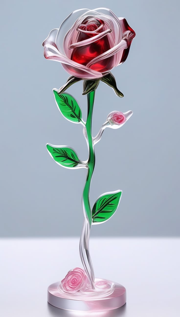 Generate an image of a sophisticated glass art rendition featuring  red rose . The intricately crafted figurine stands elegantly on a desk, capturing the essence of high-end craftsmanship.Clear Glass Skin, pink rose -themed , realistic glass style , Valentine day