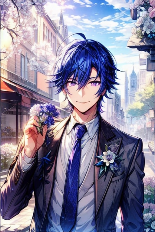 solo, looking at viewer, smile, shirt, 1boy, holding flower , blue hair, purple eyes, jacket, upper body, , ahoge, male focus, outdoors, necktie, holding flower