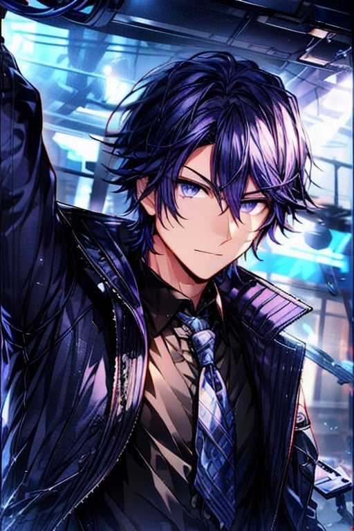 solo, looking at viewer, short hair, bangs, blue eyes, shirt, 1boy, hair between eyes, closed mouth, purple hair, bluejacket, upper body, male focus, open clothes, cool, open jacket, , black shirt,