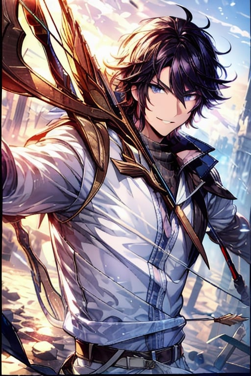 1boy, solo, messy hair, looking at viewer, smile, ,blue eyes, upper body, weapon, black hair, parted lips, holding weapon, white clothes, see-through,(weapon\), arrow \(projectile\), , holding bow \(weapon\), holding arrow